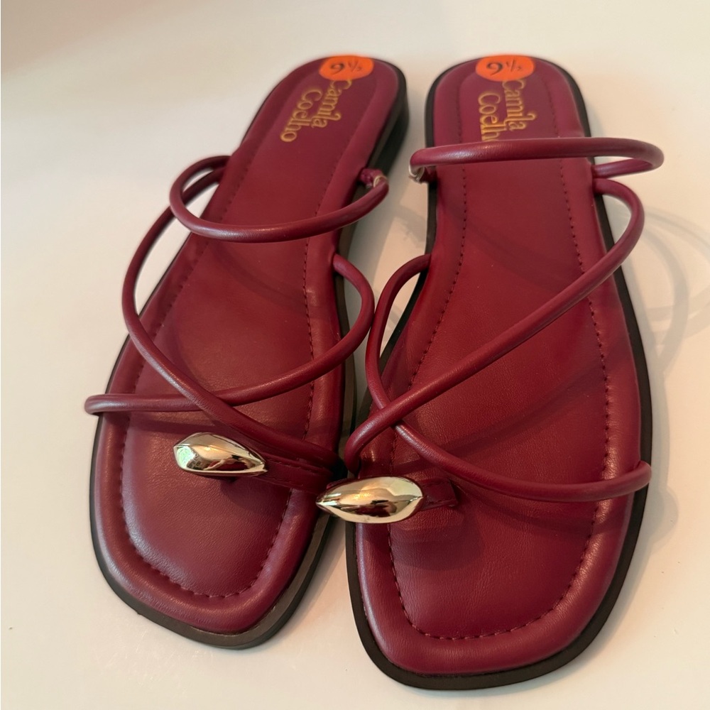 Camila Coelho Raspberry Strappy Slide Sandals with Gold Accent Women’s 9.5 NEW